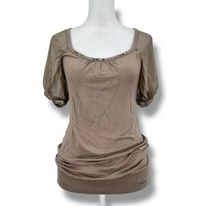 Guess Women's Top S Taupe Sheer Puff Sleeve Studded Y2K Coquette Cutout Back